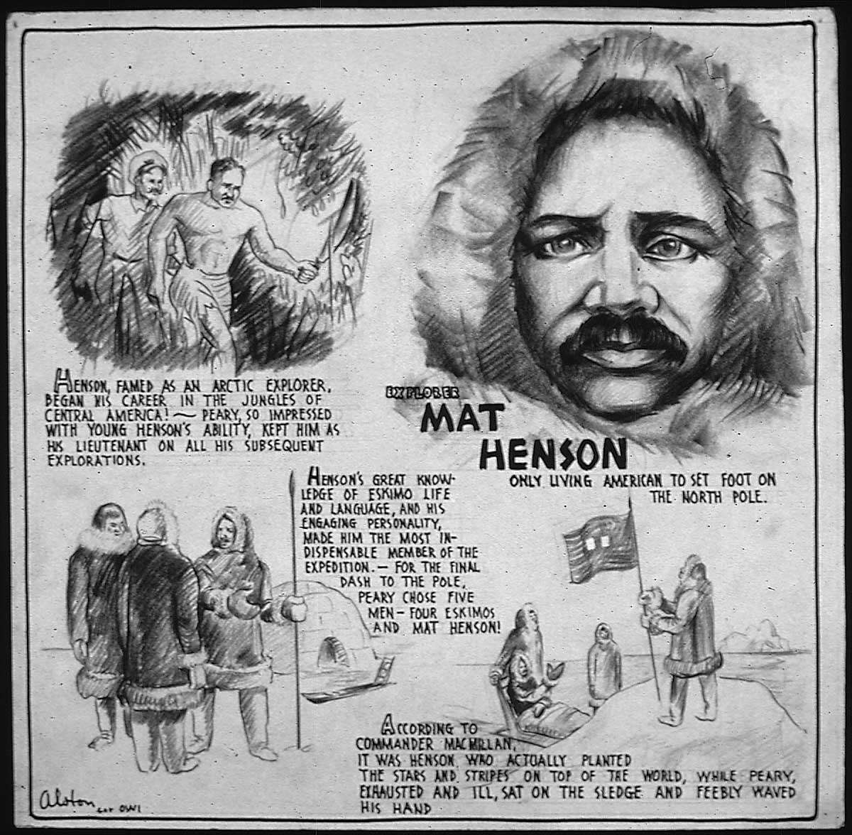 Charles Alston's WWII-era Office of War Information drawing of explorer Matthew Henson with biographical text