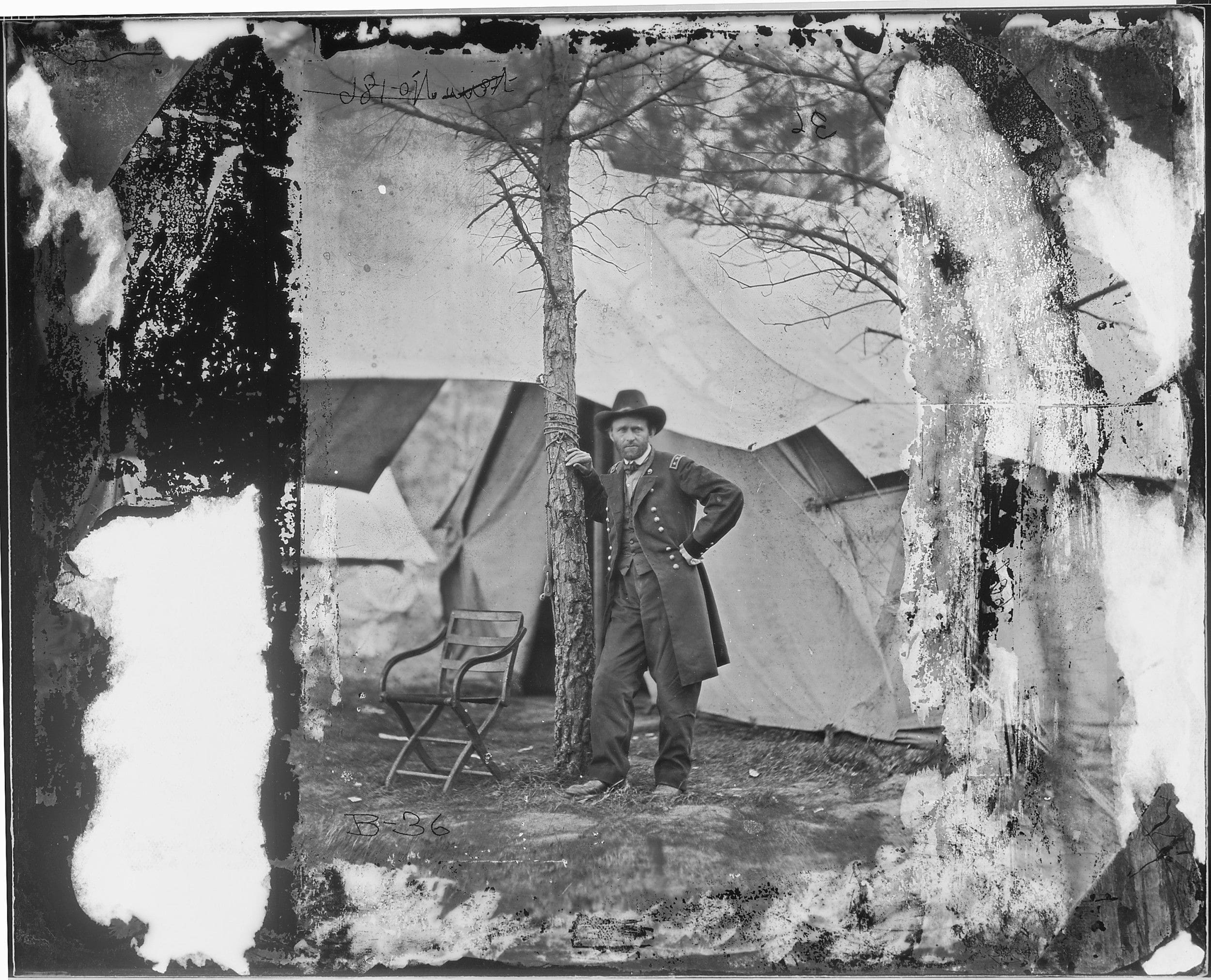 Lt. Gen. Ulysses S. Grant standing by a tree in front of a tent, Cold ...