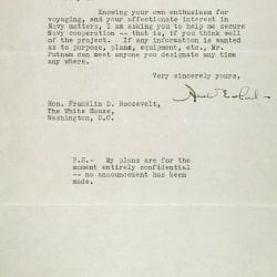 Letter from Amelia Earhart to President Roosevelt Regarding her