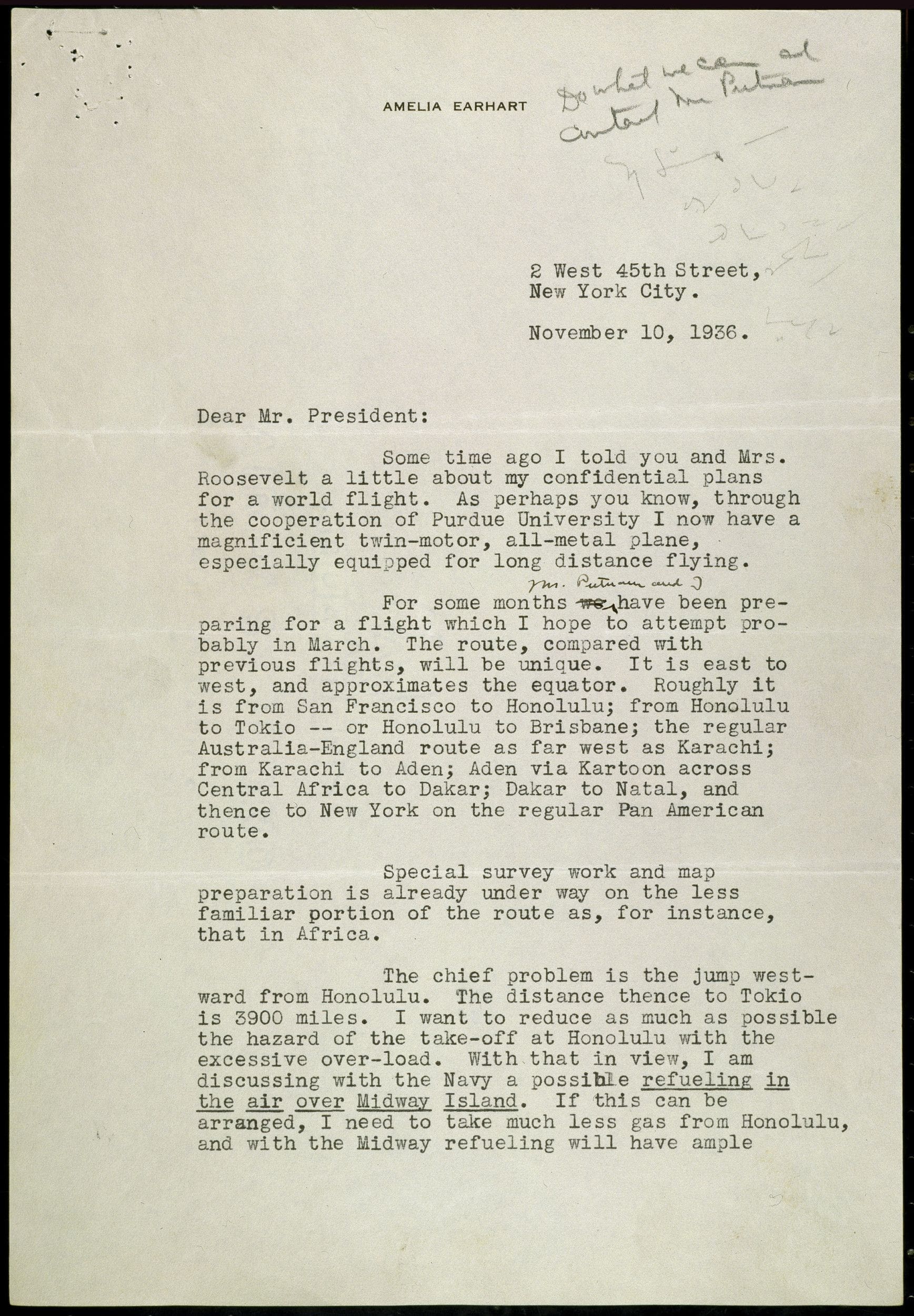 Letter from Amelia Earhart to President Roosevelt Regarding her