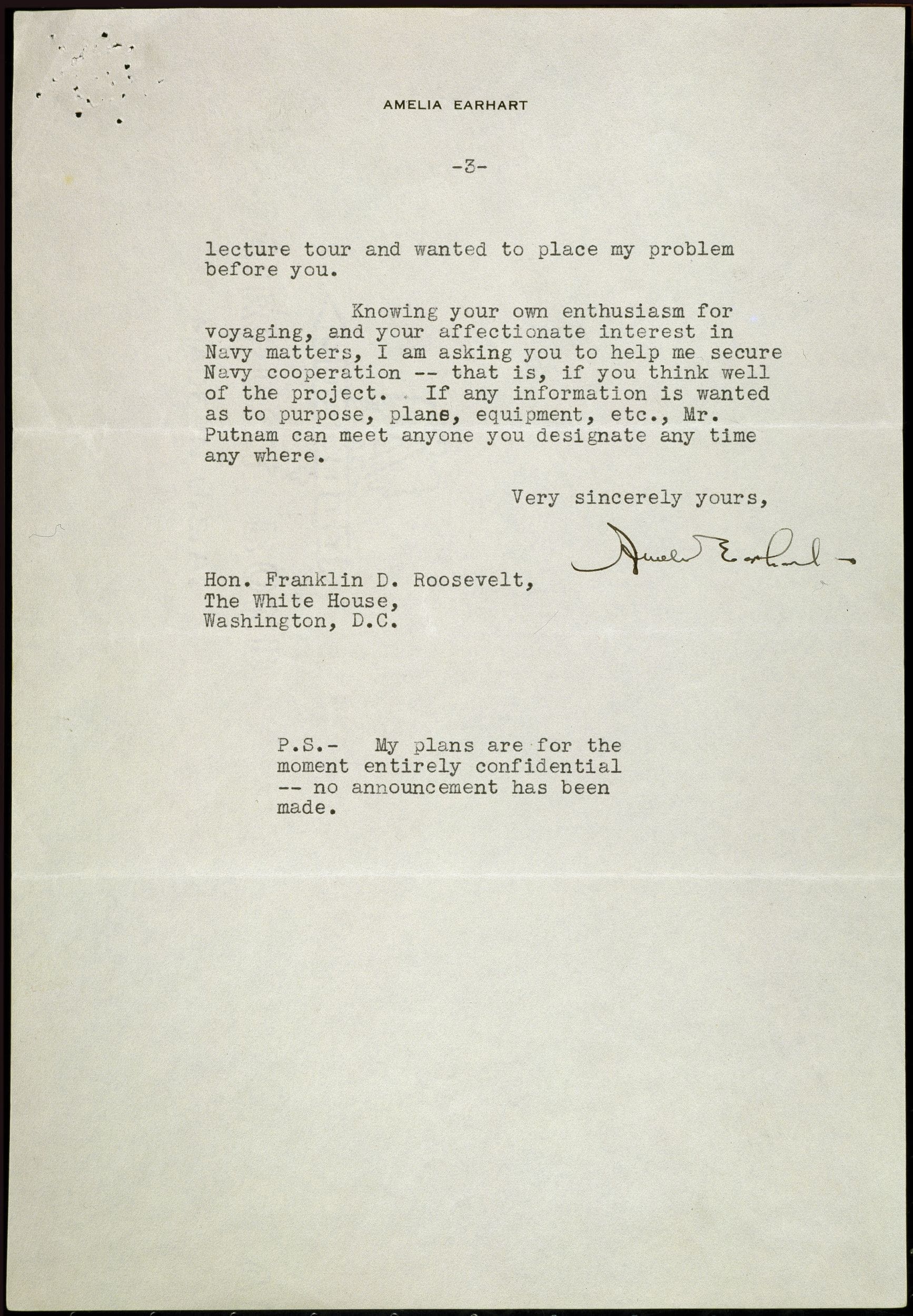 Letter from Amelia Earhart to President Roosevelt Regarding her