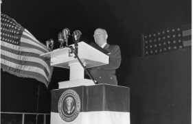 President Harry S. Truman (behind podium)addresses the crowd at the Fourth of July ceremonies commemorating the 175th anniversary of the Declaration of Independence.