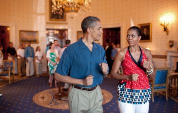 President Barack Obama and First Lady Michelle Obama pretend to march to music in the Blue Room of the White House, July 4, 2010, before delivering remarks to military families during a Fourth of July celebration. (Official White House Photo by Pete Souza)

This official White House photograph is being made available only for publication by news organizations and/or for personal use printing by the subject(s) of the photograph. The photograph may not be manipulated in any way and may not be used in commercial or political materials, advertisements, emails, products, promotions that in any way suggests approval or endorsement of the President, the First Family, or the White House.