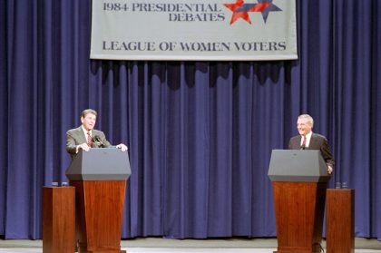 President Reagan and Democratic candidate Walter Mondale during the second debate on foreign policy in Kansas City, Missouri. - Page 01